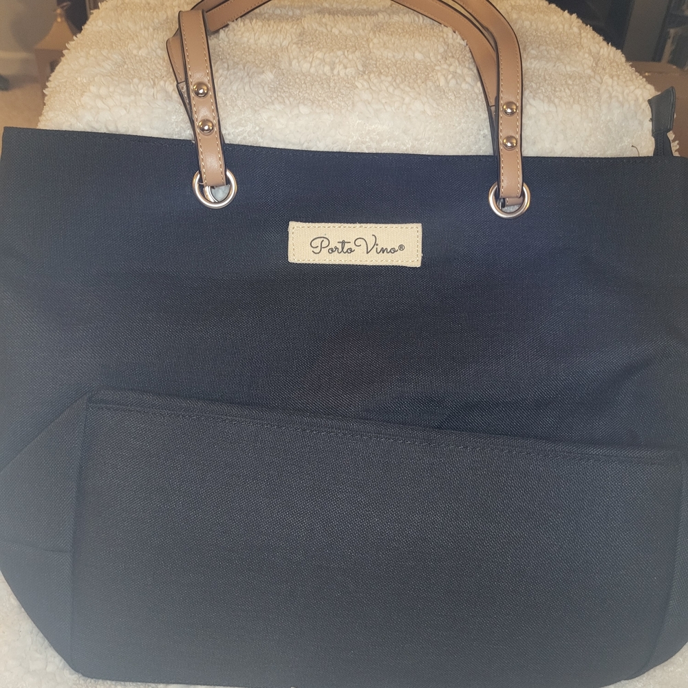 PortoVino Black Tote Bag with Tan Handles Mylar Bg Inside Holds Btl Of Wine